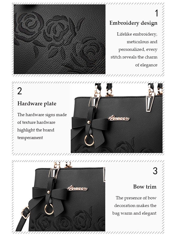 DUNISO Women's handbag, PU leather shoulder bag, large capacity crossbody bag, with detachable shoulder strap and top handle, embroidered design and bow decoration, suitable for shopping, work, dating, travel - Image 4