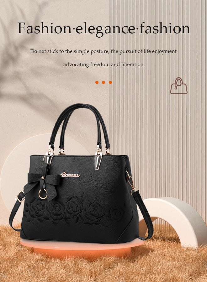 DUNISO Women's handbag, PU leather shoulder bag, large capacity crossbody bag, with detachable shoulder strap and top handle, embroidered design and bow decoration, suitable for shopping, work, dating, travel - Image 3