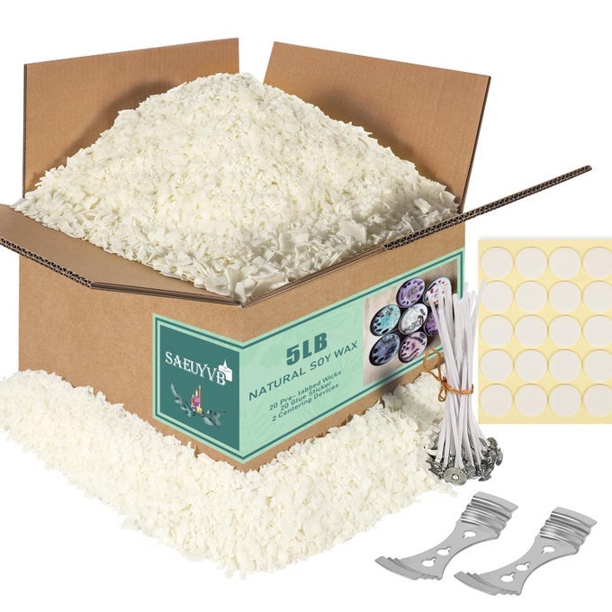 SOY CANDLE WAX FOR CANDLE MAKING NATURAL SOY WAX FLAKES 5 LBS BAG 20 COTTON CANDLE WICKS 20 WICK STICKERS 2 CENTERING DEVICES