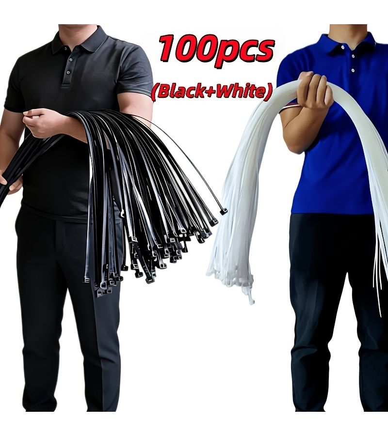 100Pcs Heavy Duty Extra Long Cable Ties Premium Plastic Zip Ties Black And White Self Locking Nylon Straps Jumbo Size 19.68 Inch For Bundling Wires