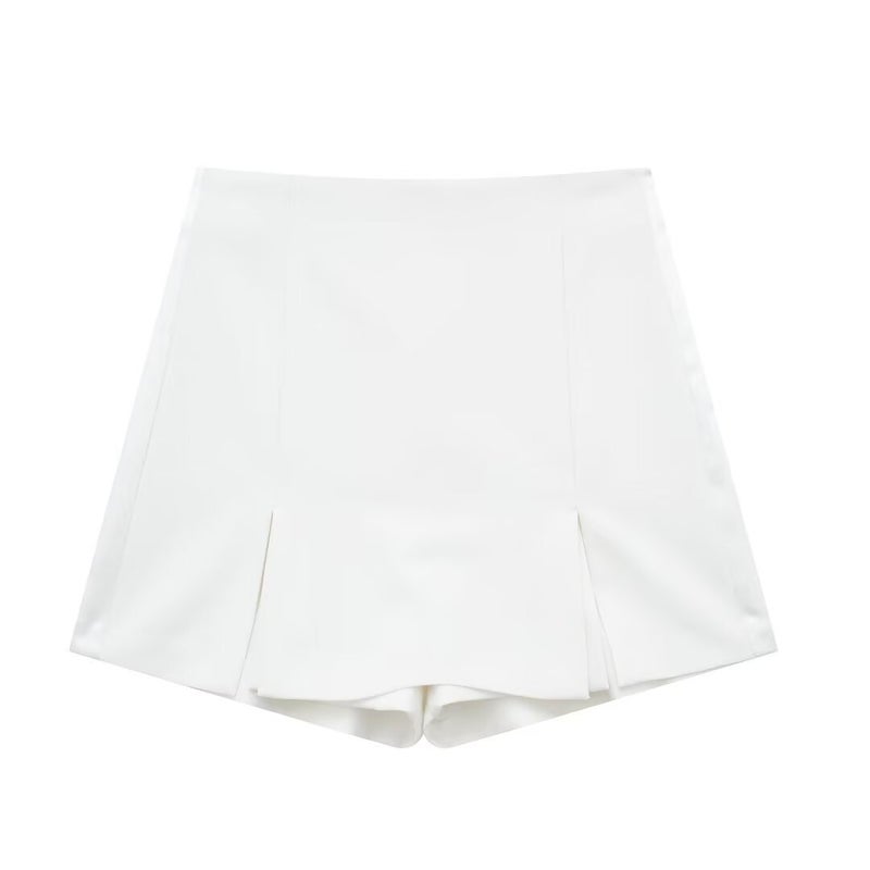 2024 womens silk satin texture stitching tight top 8881593 split stitching skirt trousers set 2287595 White culottes - Image 1