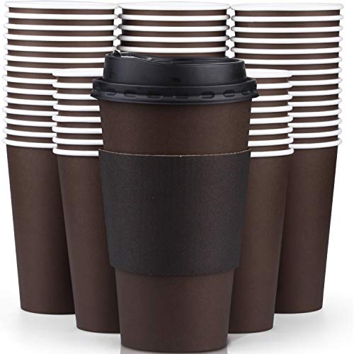 Promora 16 oz Disposable Brown Coffee Cups with Lids Sleeves Premium Paper Cups 100 Pack - Image 2