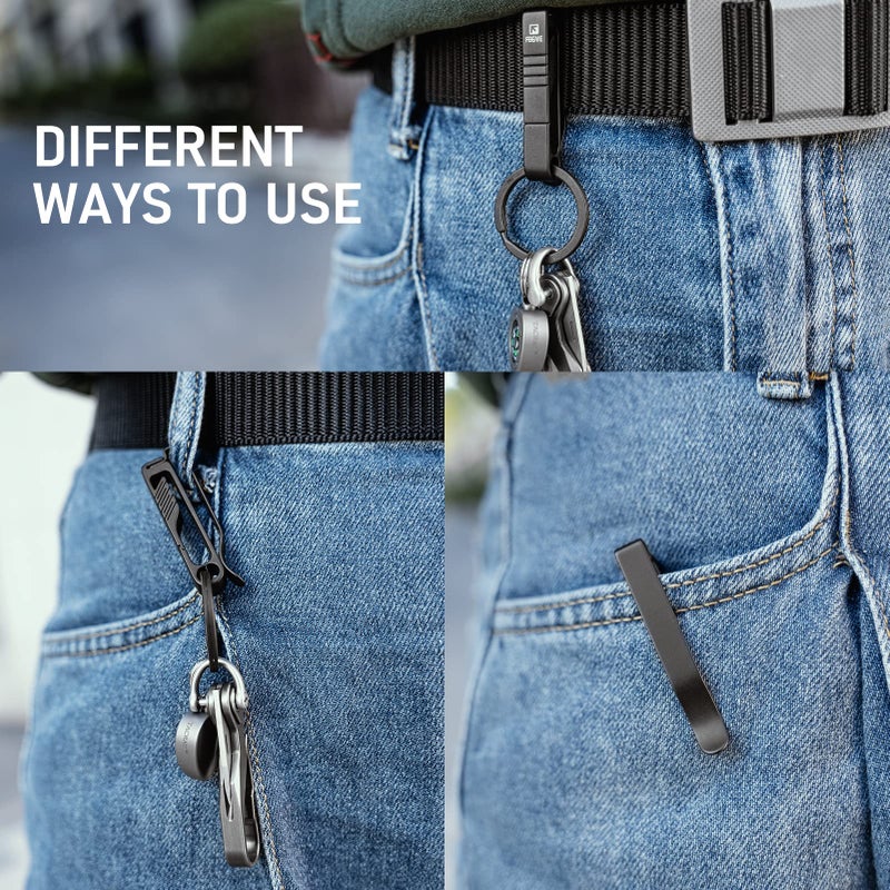 FEGVE Key Belt Clip, Titanium Belt Key Holder Carabiner Keychain Clip with Titanium Key Ring and D-Shaped Keyring for Menï¼ˆBlackï¼‰ - Image 3