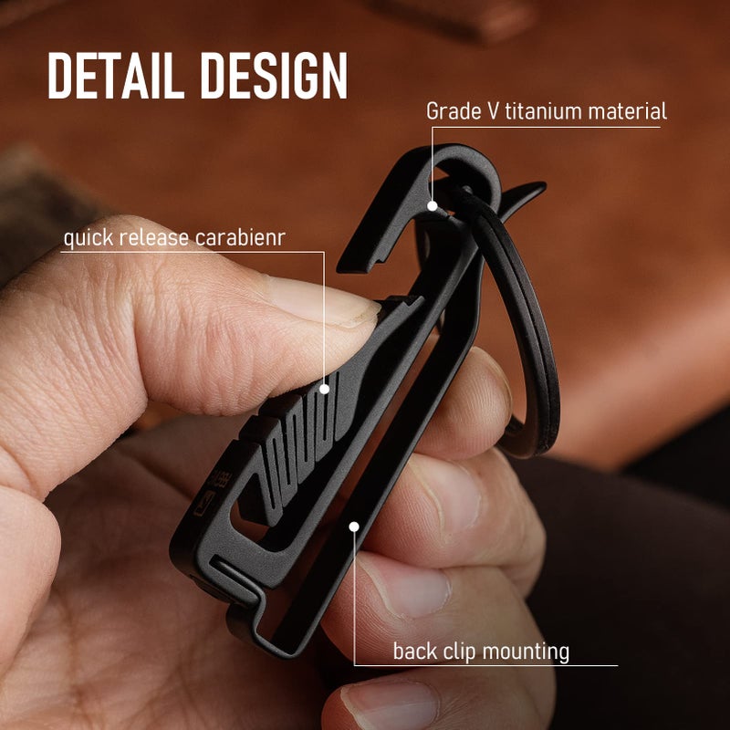 FEGVE Key Belt Clip, Titanium Belt Key Holder Carabiner Keychain Clip with Titanium Key Ring and D-Shaped Keyring for Menï¼ˆBlackï¼‰ - Image 2
