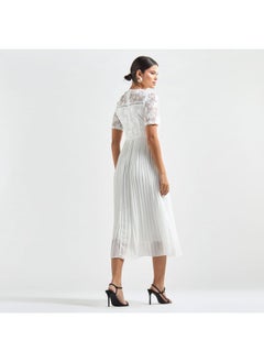 FAV Pleated A-line Midi Dress with Round Neck and Lace Detail  - Image 3
