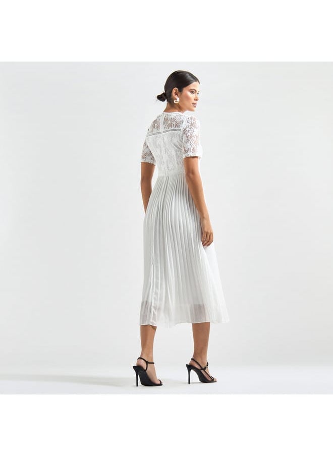 Splash FAV Pleated A-line Midi Dress with Round Neck and Lace Detail  - Image 3