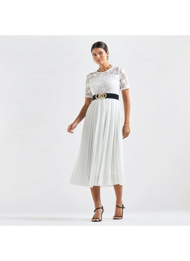 FAV Pleated A-line Midi Dress with Round Neck and Lace Detail