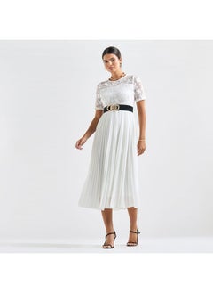 FAV Pleated A-line Midi Dress with Round Neck and Lace Detail  - Image 2