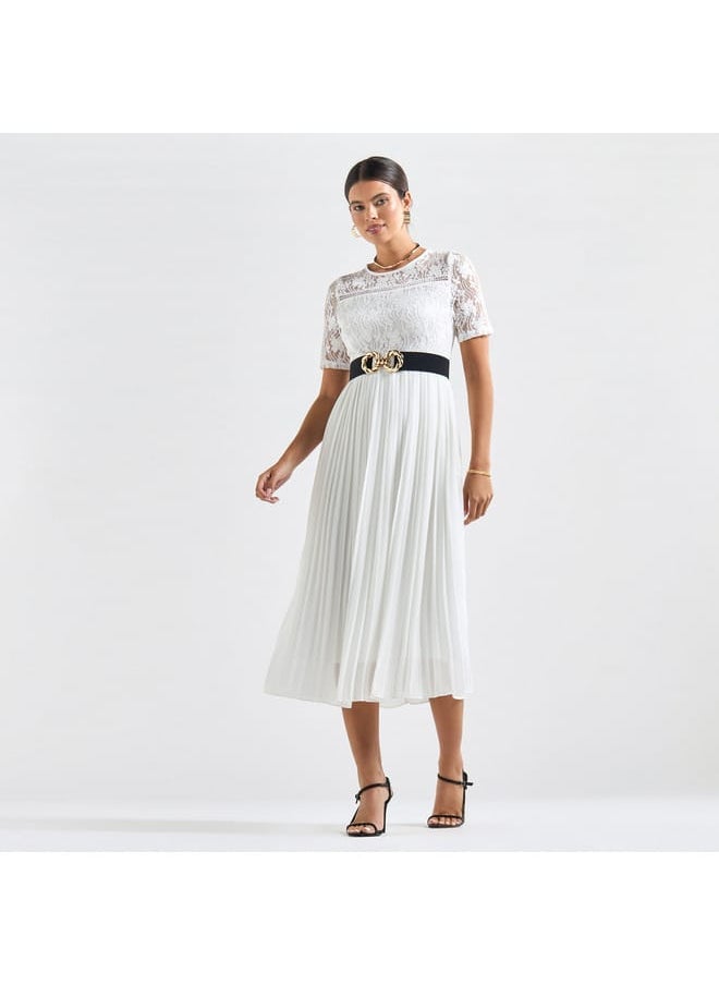 Splash FAV Pleated A-line Midi Dress with Round Neck and Lace Detail  - Image 2