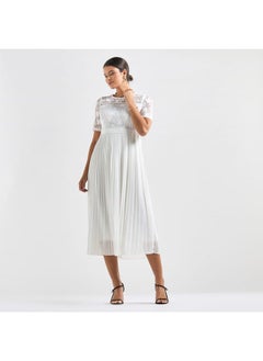 FAV Pleated A-line Midi Dress with Round Neck and Lace Detail  - Image 1