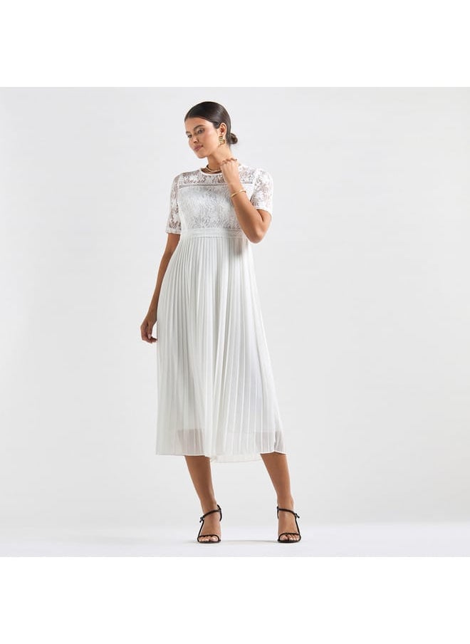 Splash FAV Pleated A-line Midi Dress with Round Neck and Lace Detail  - Image 1