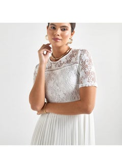FAV Pleated A-line Midi Dress with Round Neck and Lace Detail  - Image 4