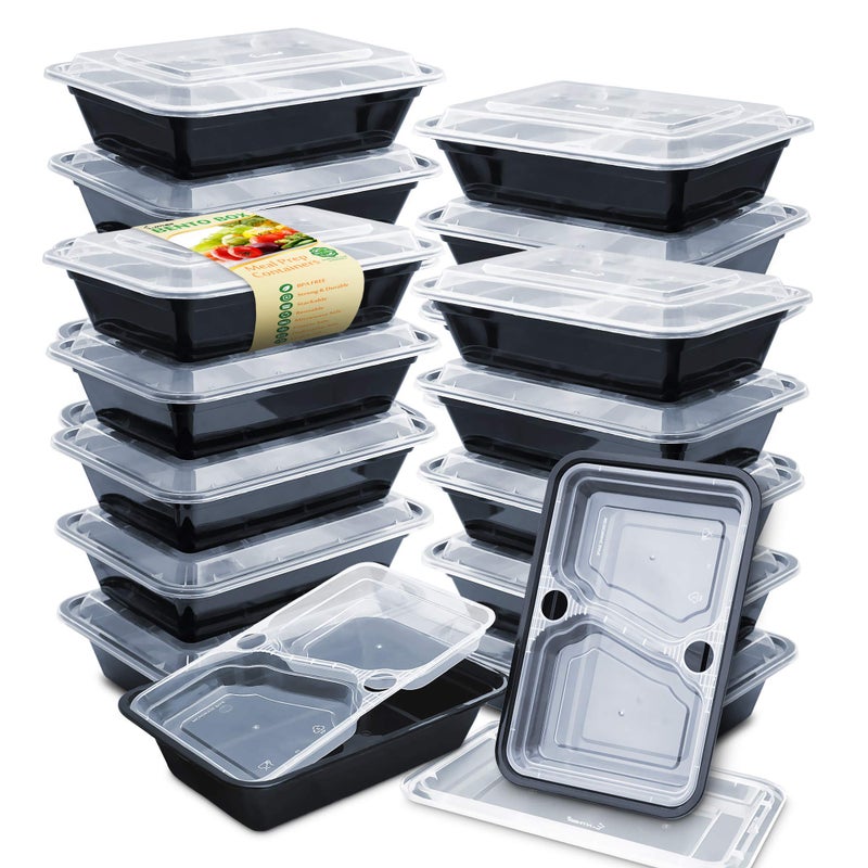 Enther 36oz Meal Prep Containers 20 Pack 3 Compartment with Removable Insert Tray 2 Tier Food Storage Bento Box with Lid BPA Free Reusable Lunch Box StackableMicrowaveDishwasherFreezer Safe Black