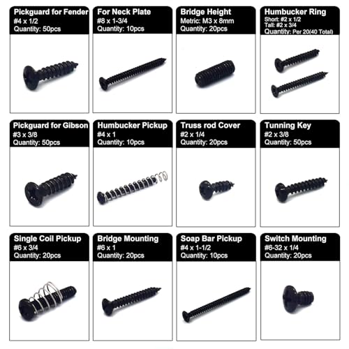 Vencetmat Guitar Screws Kit,304 Stainless Steel, #2#3#4#6#8 fit Fender & Gibson Pickguard, for Neck Plate Tuning Humbucker SingleCoil Pickup TrussRod Cover Bridge Selector Switch (Stainless Steel Black Coated) - Image 3