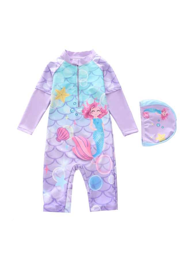Children's Swimsuit For Girls, One-piece, Children's Swimwear, Mid-length Pants, Five-point Pants, Long-sleeved, Sun-protective Swimwear, Sports Style