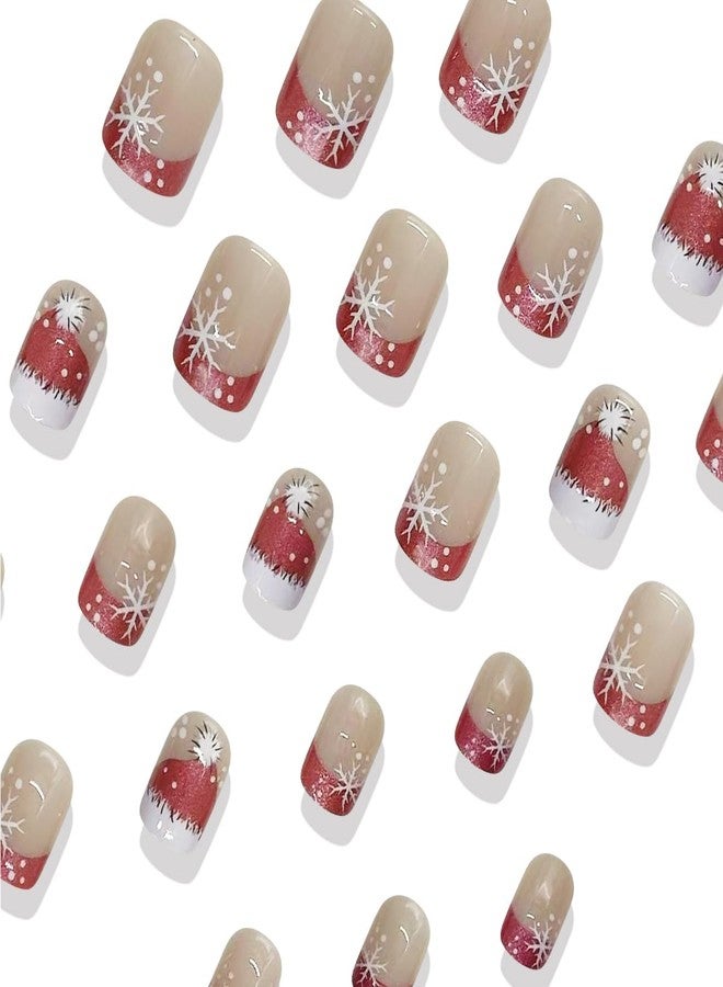 LRKNNO Christmas Press on Nails Short Square Fake Nails French Tips Glue on Nails with Snowflakes Red Xmas Hat Nail Tips Designs Winter Christmas False Nails Full Cover Acrylic Nails for Women 24Pcs - Image 2