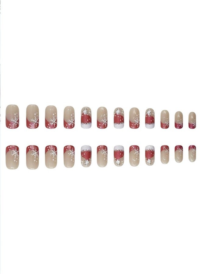 LRKNNO Christmas Press on Nails Short Square Fake Nails French Tips Glue on Nails with Snowflakes Red Xmas Hat Nail Tips Designs Winter Christmas False Nails Full Cover Acrylic Nails for Women 24Pcs - Image 5