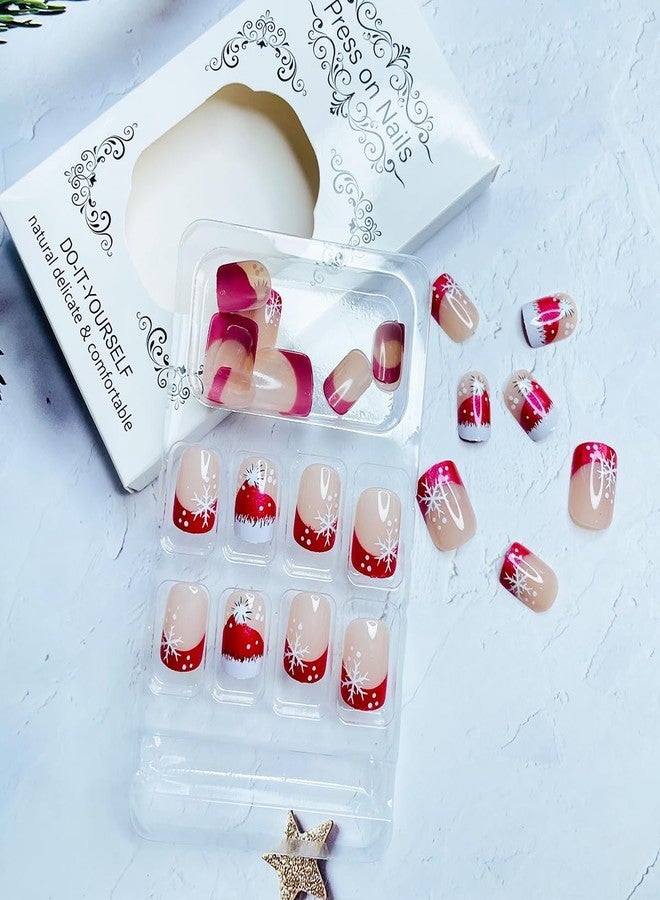 LRKNNO Christmas Press on Nails Short Square Fake Nails French Tips Glue on Nails with Snowflakes Red Xmas Hat Nail Tips Designs Winter Christmas False Nails Full Cover Acrylic Nails for Women 24Pcs - Image 3