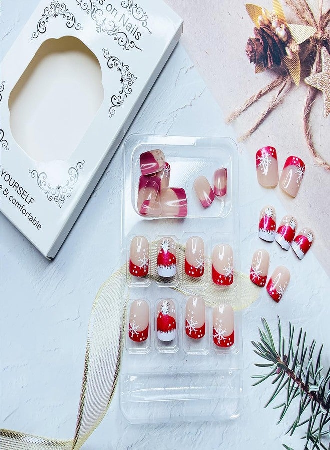 LRKNNO Christmas Press on Nails Short Square Fake Nails French Tips Glue on Nails with Snowflakes Red Xmas Hat Nail Tips Designs Winter Christmas False Nails Full Cover Acrylic Nails for Women 24Pcs - Image 4