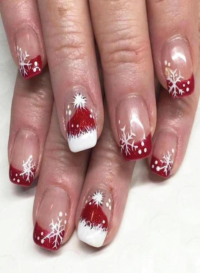 LRKNNO Christmas Press on Nails Short Square Fake Nails French Tips Glue on Nails with Snowflakes Red Xmas Hat Nail Tips Designs Winter Christmas False Nails Full Cover Acrylic Nails for Women 24Pcs - Image 1