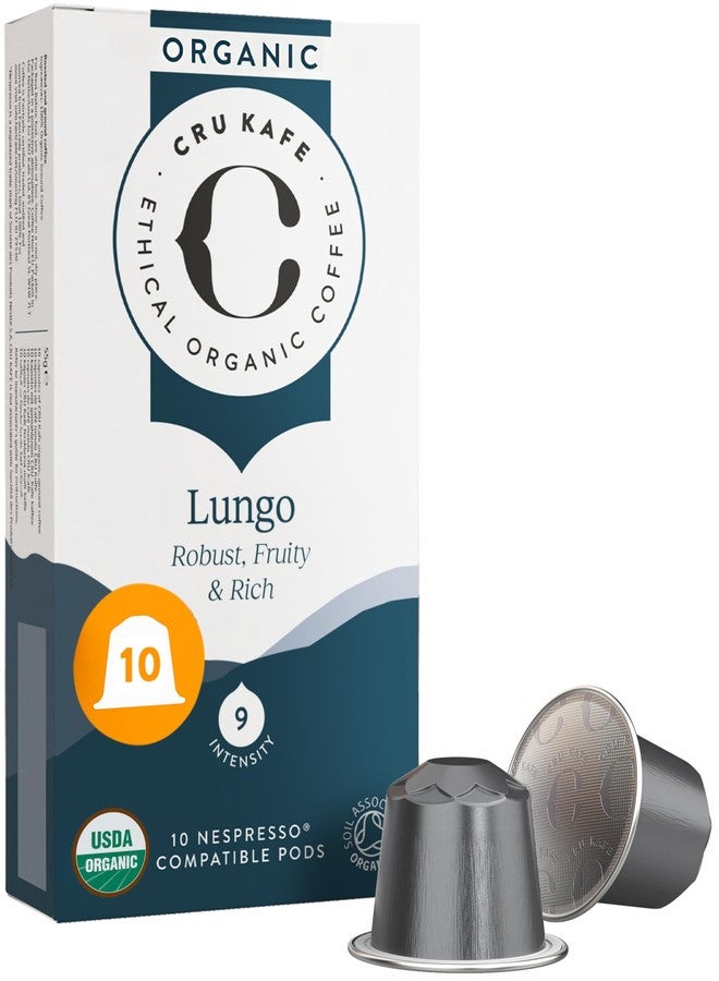 Cru Kafe Lungo Espresso Strong USDA Organic Espresso Coffee Capsules (10 Pods) Fairtrade Coffee Pods Compatible with Nespresso Original Line and Pixie Machines - Image 1