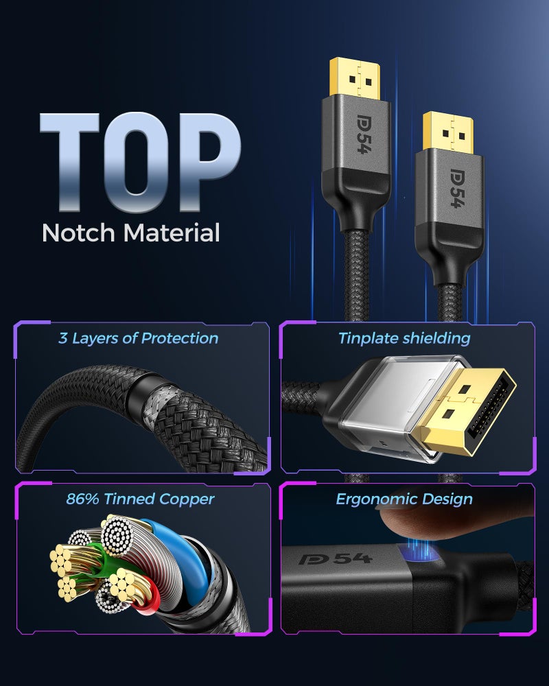Silkland 54Gbps DisplayPort 2.1 Cable, DP 2.1 Cable 10FT [16K@30Hz, 10K@60Hz, 8K@120Hz, 4K@240Hz 165Hz 144Hz] HDR10 HDCP DSC 1.2a, Display Port 2.1 Cord Compatible FreeSync G-Sync Gaming Monitor - Image 2
