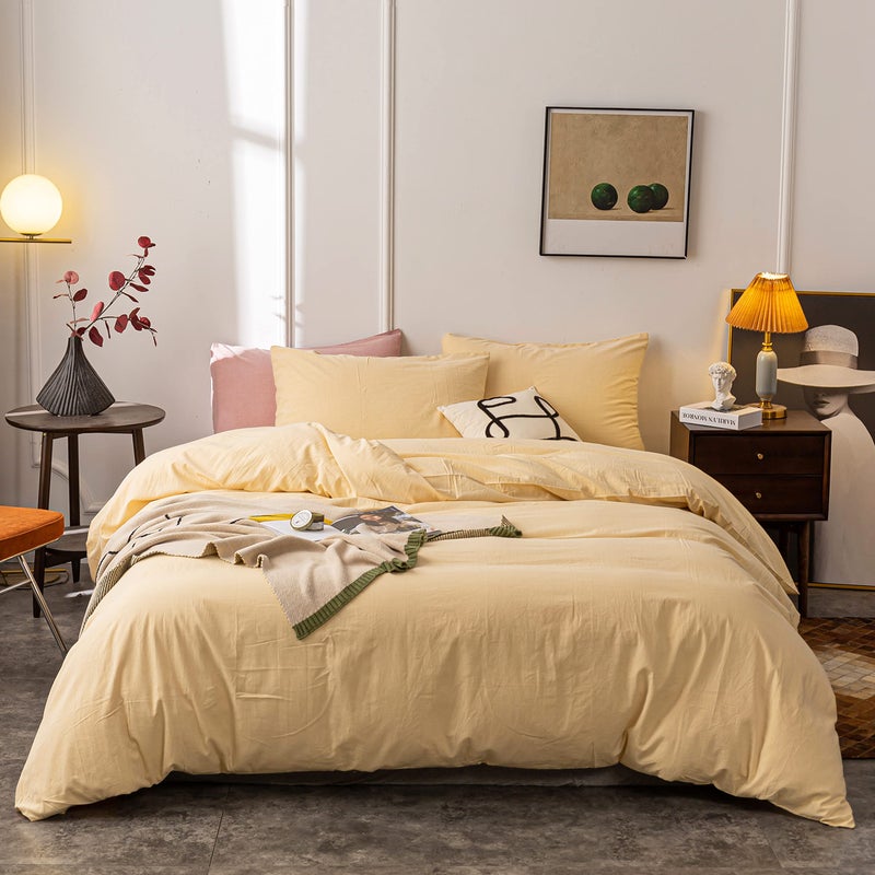 Janlive Washed Cotton Duvet Cover King Ultra Soft 100 Cotton Solid Color Cream Yellow Duvet Cover Set with Zipper Closure 3 Pieces Cream Yellow King