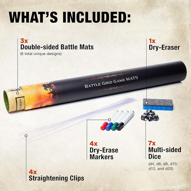 TIDYBOSS DND Starter Set | 3 X Double Sides 24x 36 Game Grid Mat | 6 Terrains Includes Dry Erase Markers, Eraser, Dice and Clips - Image 2
