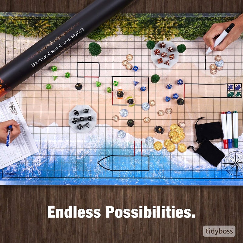 TIDYBOSS DND Starter Set | 3 X Double Sides 24x 36 Game Grid Mat | 6 Terrains Includes Dry Erase Markers, Eraser, Dice and Clips - Image 5