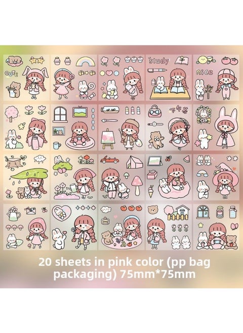 100 Non-repeating Cartoon Cute Hand Account Stickers Net Red Girl's Heart Hand Account Decoration Material Paper Stickers-Color:[colorful Paradise Pink Bag] 20 Sheets Without Cutting
