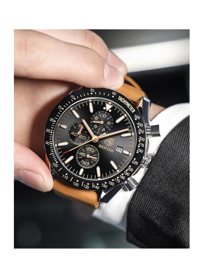 BENYAR Mens Watch Waterproof Chronograph Date Watch for Men Brown Leather Strap Quartz Movement Analog Watch Business Casual Gift for Men - Image 3