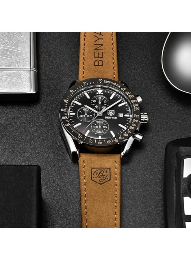 BENYAR Mens Watch Waterproof Chronograph Date Watch for Men Brown Leather Strap Quartz Movement Analog Watch Business Casual Gift for Men - Image 4