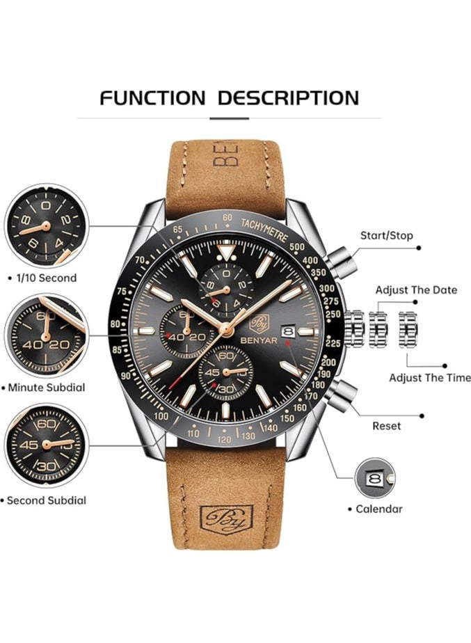 BENYAR Mens Watch Waterproof Chronograph Date Watch for Men Brown Leather Strap Quartz Movement Analog Watch Business Casual Gift for Men - Image 5