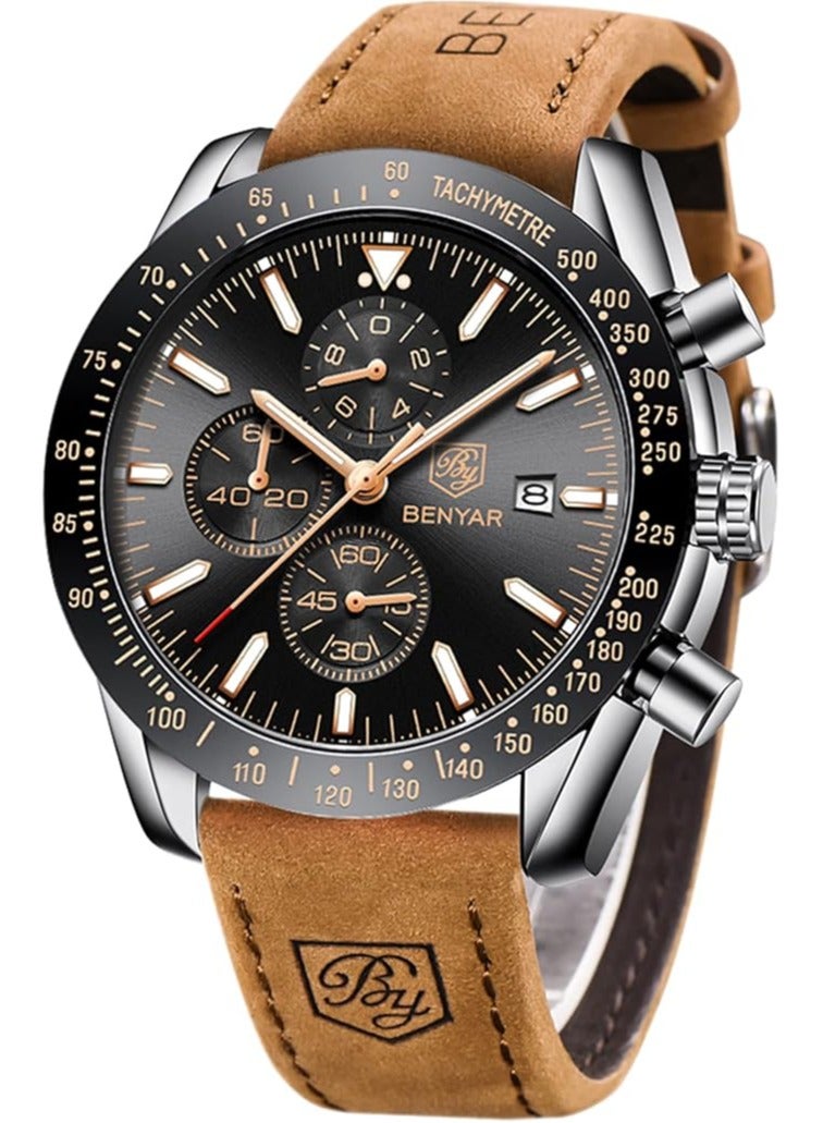 BENYAR Mens Watch Waterproof Chronograph Date Watch for Men Brown Leather Strap Quartz Movement Analog Watch Business Casual Gift for Men - Image 1