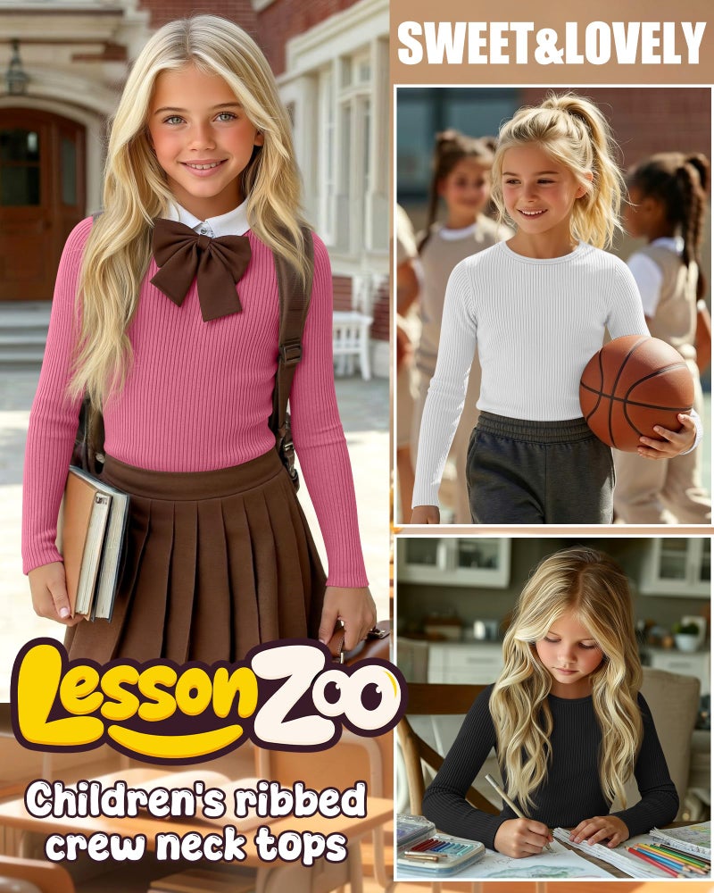 LessonZoo ليسن زو 4 عبوات قمصان بنات بأكمام طويلة قطن مضلع بأعلى رقبة ضيقة ناعمة كاجوال طبقة أساسية للأطفال (أسود، رمادي، أبيض، وردي خوخي، 7-8 سنوات) - Image 4