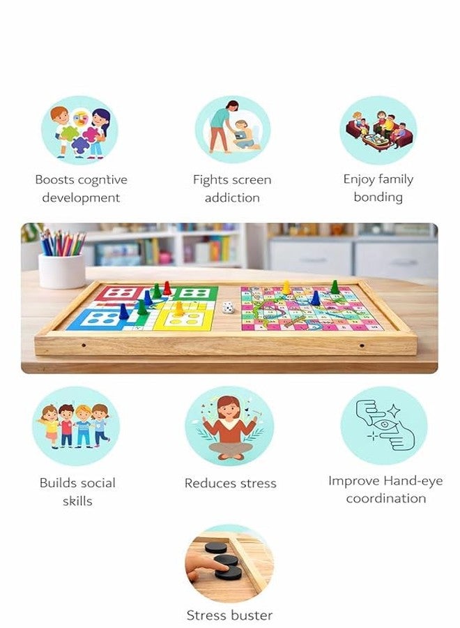SAJEEVA 3-in-1 Wooden Board Game: Sling Puck, Ludo & Snakes and Ladders - Double-Sided Fast Finger String Hockey Game for Kids & Adults - Portable Family Party Game & Birthday Gift for Indoor Entertainment - Image 4