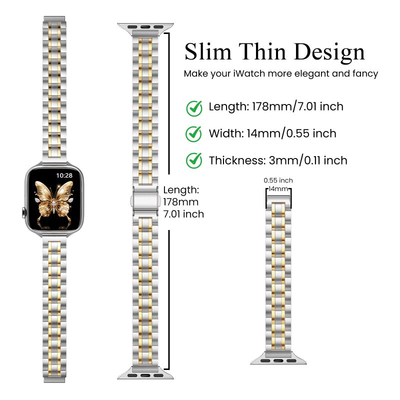 STIROLL Thin Replacement Band Compatible for Apple Watch 38mm 40mm 41mm 42mm(Series 11 10), Stainless Steel Metal Wristband Women Men for iWatch Ultra SE Series 9 8 7 6 5 4 3 2 1, Silver Gold - Image 3