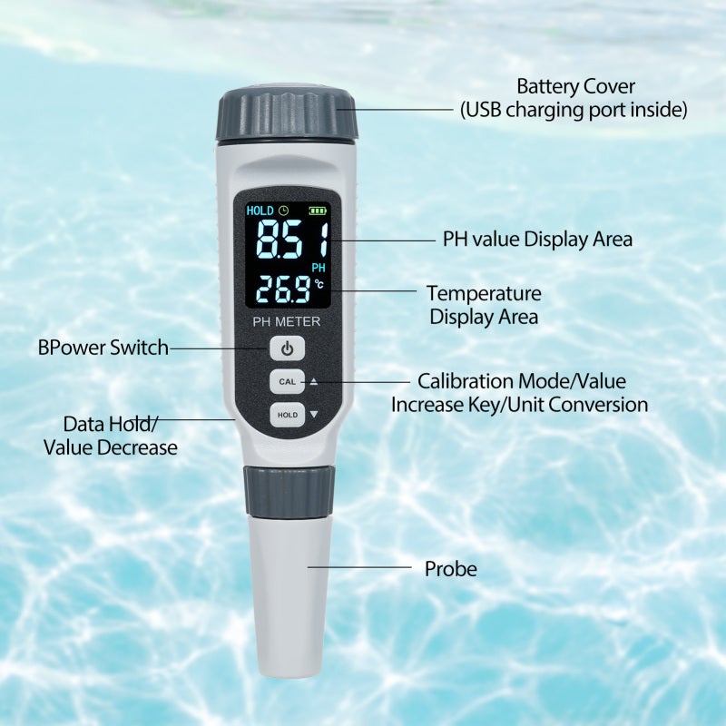 Ph Meter: Grey, Ip65 Waterproof, Over-Range Alarm - Lcd Hd Color Display, Portable Ph Tester For Drinking Water, Agricultural Irrigation & Industrial Water Testing - Image 3