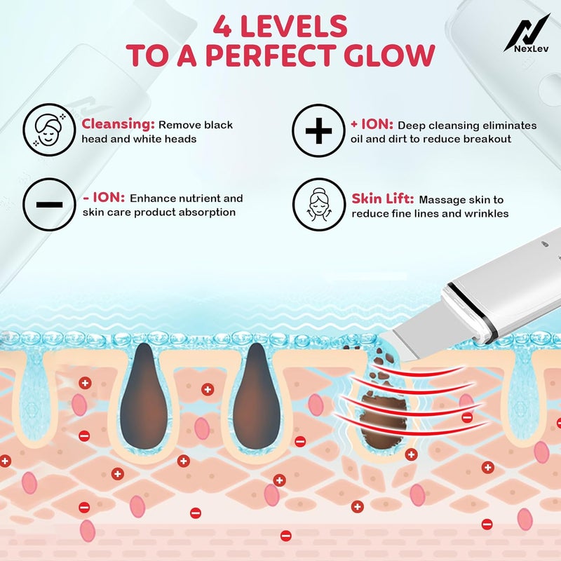 Nexlev Skin ScrubberRed  Blue LED TherapyUltrasonic EMS  Ionic ModesBlackheads  Acne Control Deep Cleansing Skin LiftingDermatologist Approved2 Silicone Cleaner CapsType CElixir Pro LE03 - Image 3