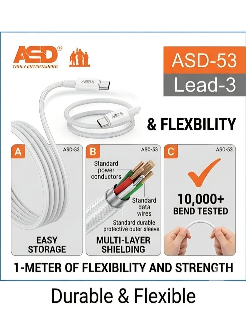 ASD-53 USB-C to USB-C Cable, 60W PD Fast Charging, 1 Meter Data & Charging Cable, Durable Type-C Cable - Image 3