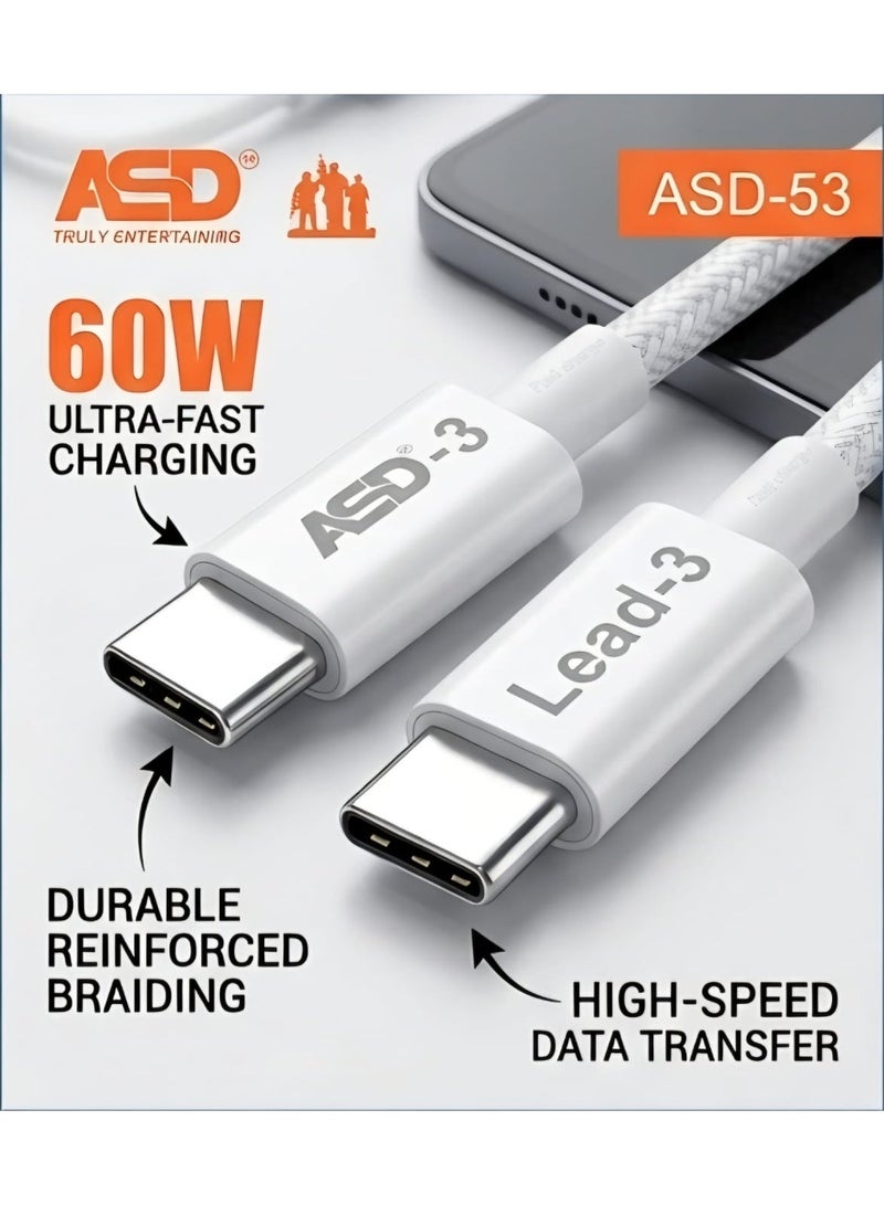 ASD-53 USB-C to USB-C Cable, 60W PD Fast Charging, 1 Meter Data & Charging Cable, Durable Type-C Cable - Image 1