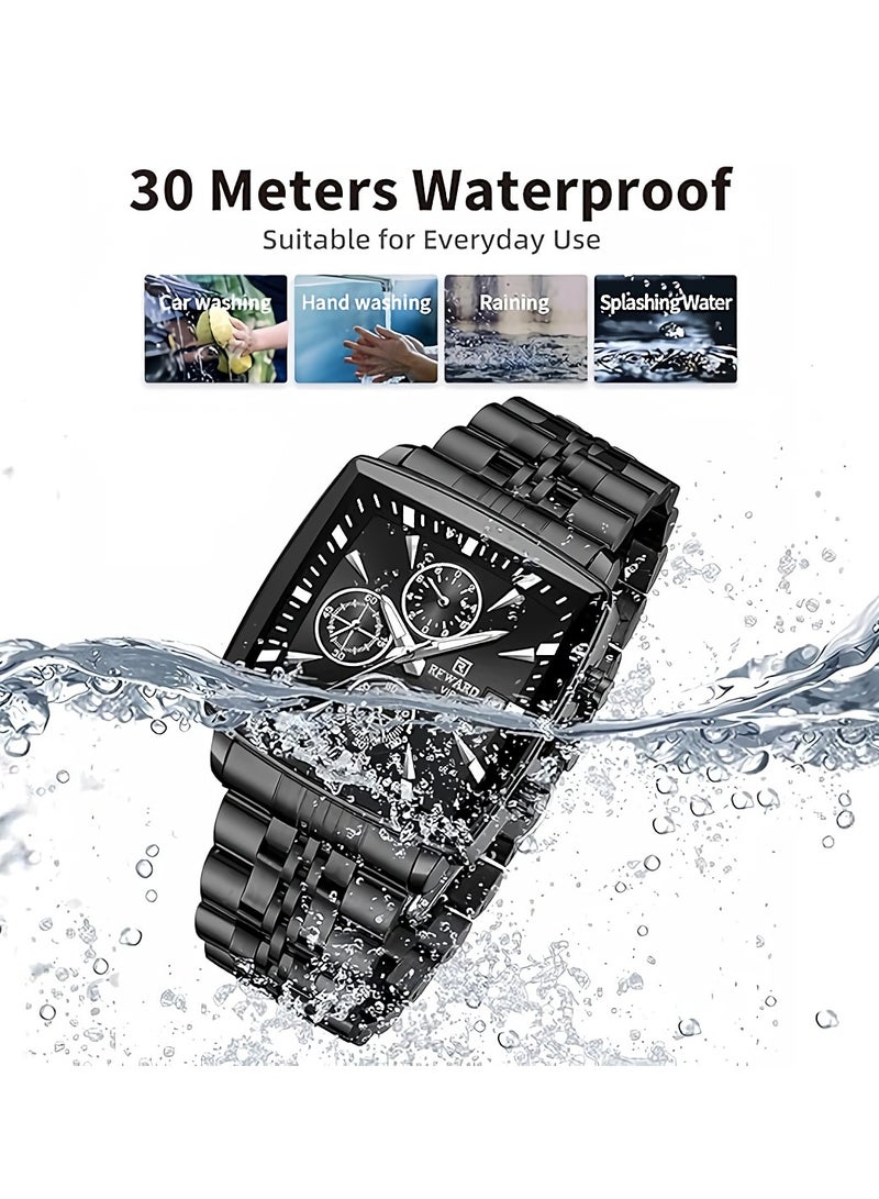 REWARD Quartz Mens Watch, Waterproof Luminous Sport Watch, Comfortable Stainless Steel Chronograph Wristwatch, Lightweight And Durable Business Watch, (1pc, Black) - Image 4