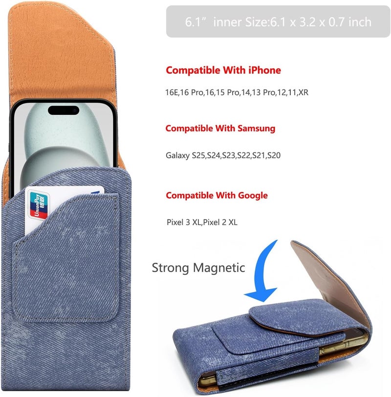 Phone Holster Holster Compatible with iPhone 16E,16 15 14 13 12 11 Pro,XR,Premium Leather Pouch with Belt Clip Phone Case Compatible with Galaxy S25 S24 S23 S22 S21 Case Cover(Blue) - Image 2