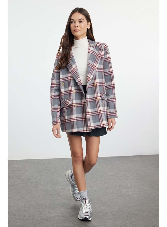 Gray Oversize Lined Double Breasted Closure Woven Plaid Blazer Jacket TWOAW22CE0178