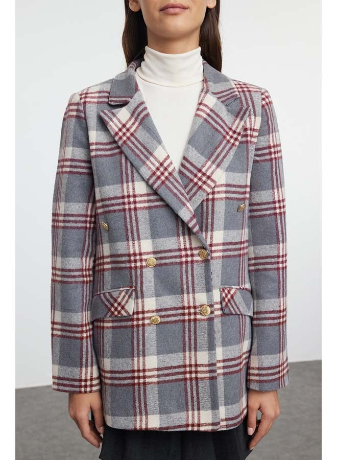 Gray Oversize Lined Double Breasted Closure Woven Plaid Blazer Jacket TWOAW22CE0178