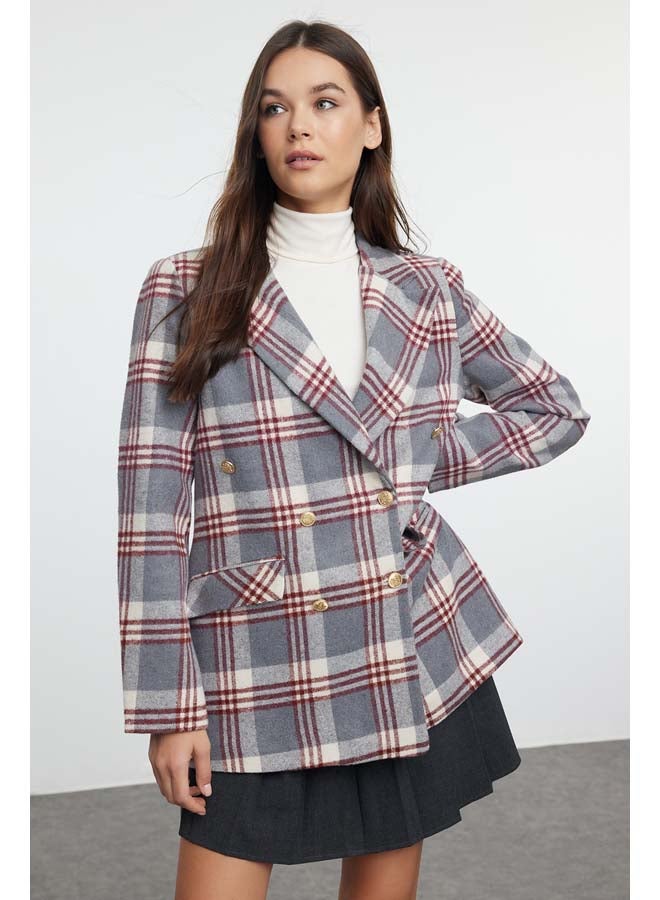 Gray Oversize Lined Double Breasted Closure Woven Plaid Blazer Jacket TWOAW22CE0178