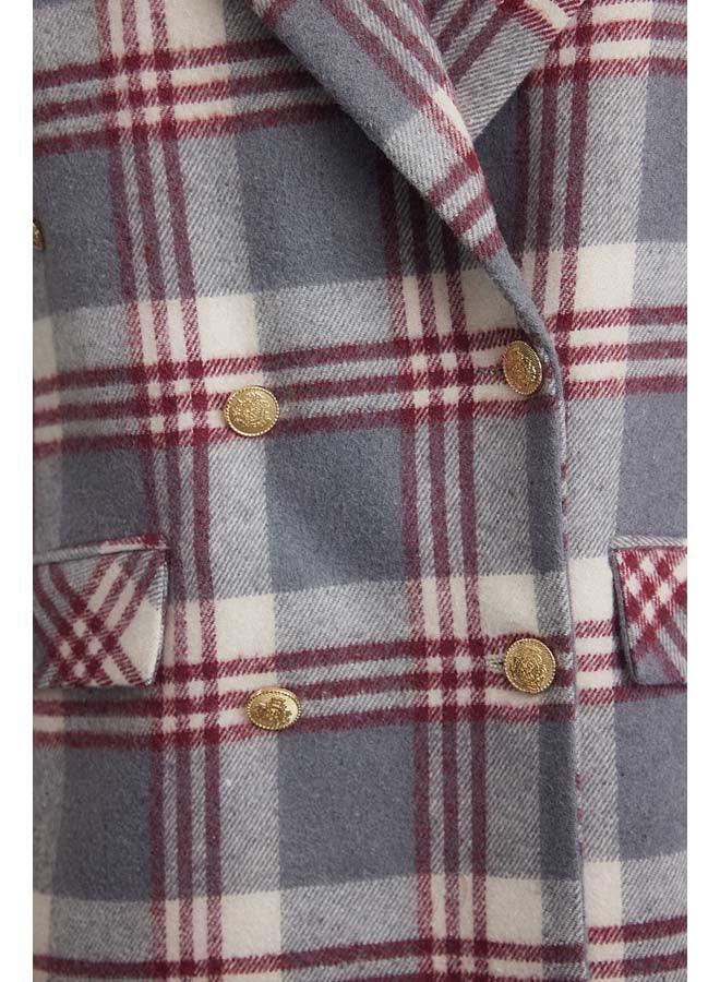 Gray Oversize Lined Double Breasted Closure Woven Plaid Blazer Jacket TWOAW22CE0178