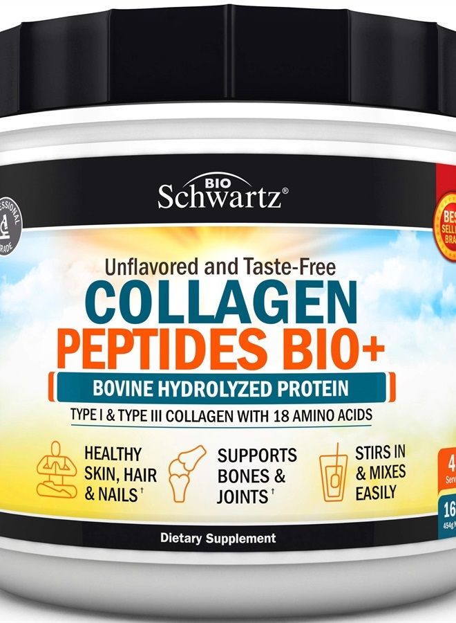 BioSchwartz Collagen Peptides Powder - Grass Fed, Pasture Raised with Aminos - Promotes Healthy Skin Hair & Nails – Bone & Joint Support - Hydrolyzed, Unflavored, Non GMO, Gluten Free - Easy to Mix -16 oz - Image 1