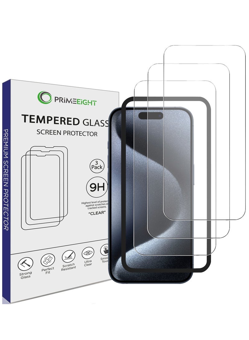 برايميت [3 قطع ] واقي حماية شاشة ايفون 15 برو 6.1 انش. صلابة 9H رفيعة للغاية شفاف عالي الدقة خاليه من الفقاعات مع اداة تركيب - Image 1