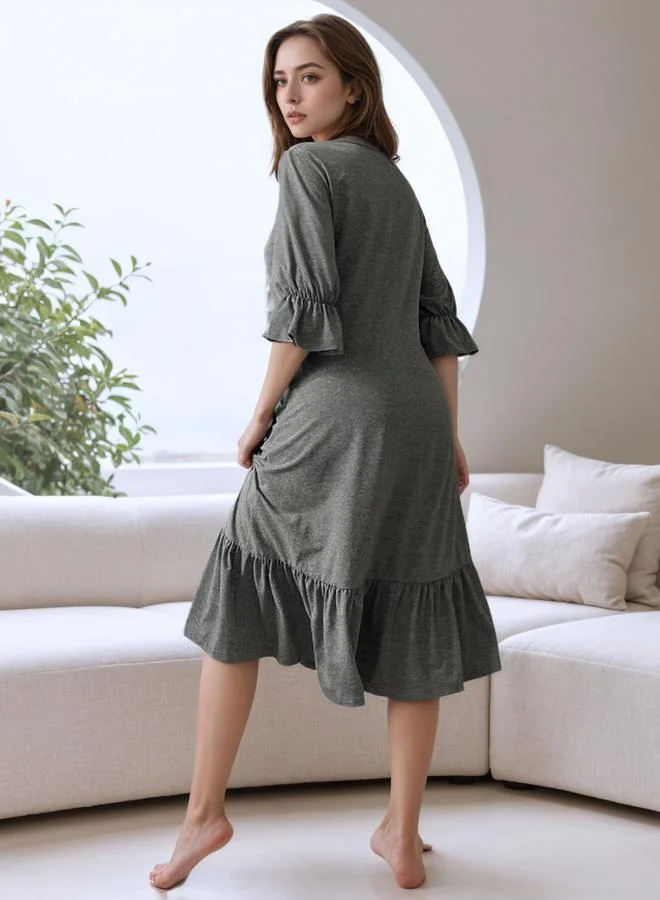 Styli Styli Women Solid Ruffle Hem Round Neck Nightdress